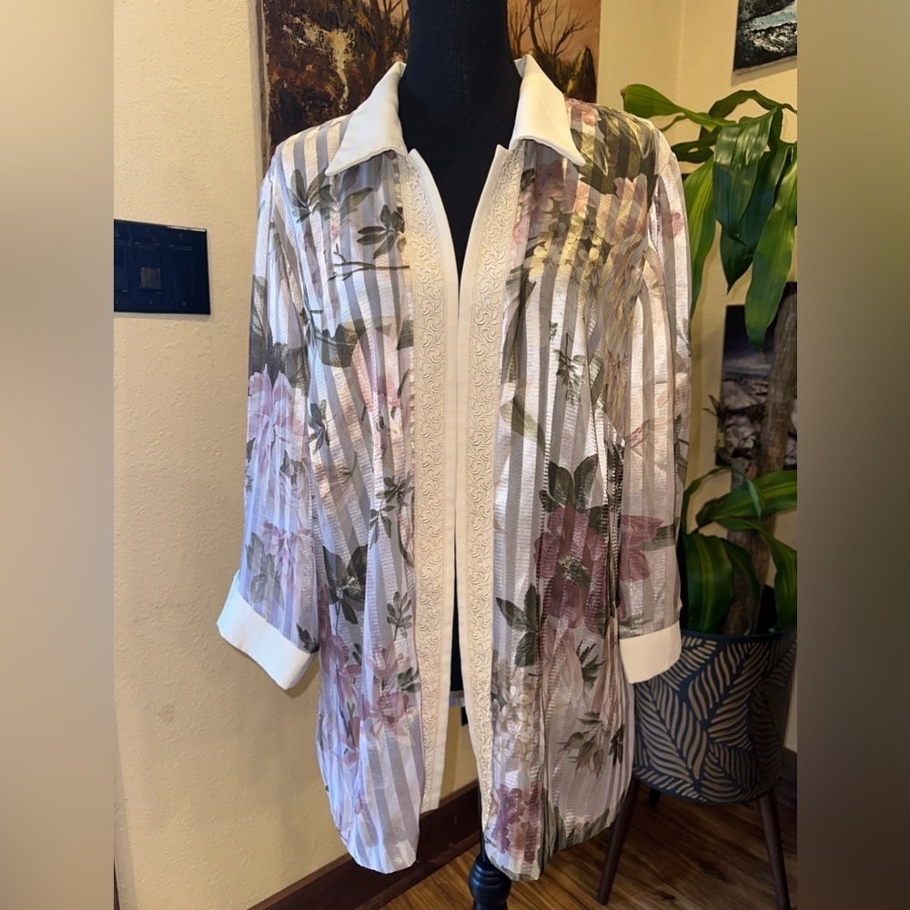 R&M RICHARDs DUSTER JACKET ROSE METALLIC W LACE APPLIQUÉ LIGHTWEIGHT SZ 16W